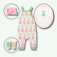 Baby romper with pear pattern, hat, bib, and socks on a white background