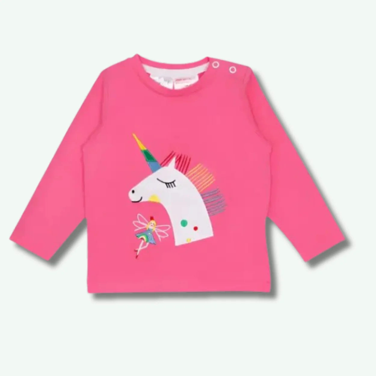 Pink long-sleeve shirt with unicorn and fairy design on a white background