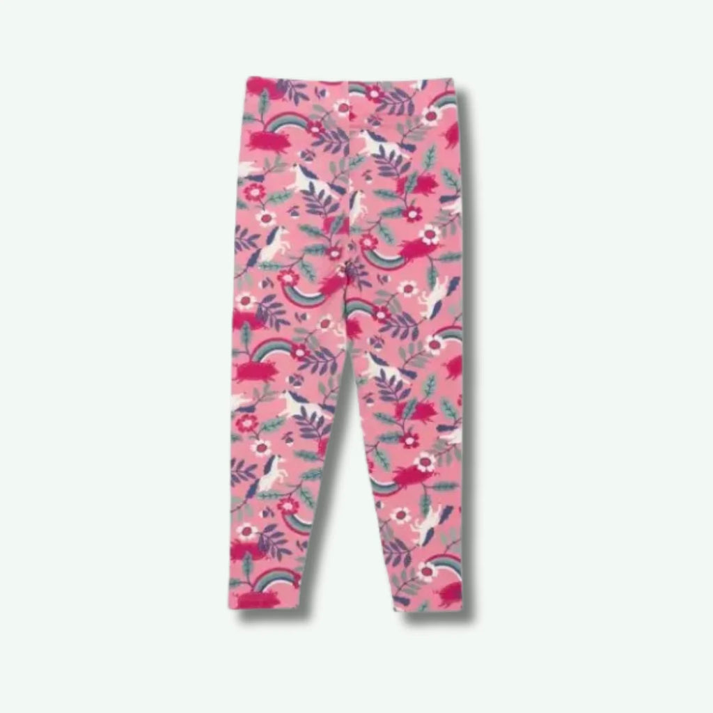 Pink leggings with floral and rainbow pattern on a white background