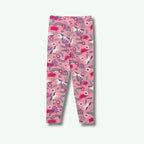 Pink leggings with floral and rainbow pattern on a white background