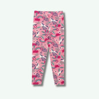 Pink leggings with floral and rainbow pattern on a white background