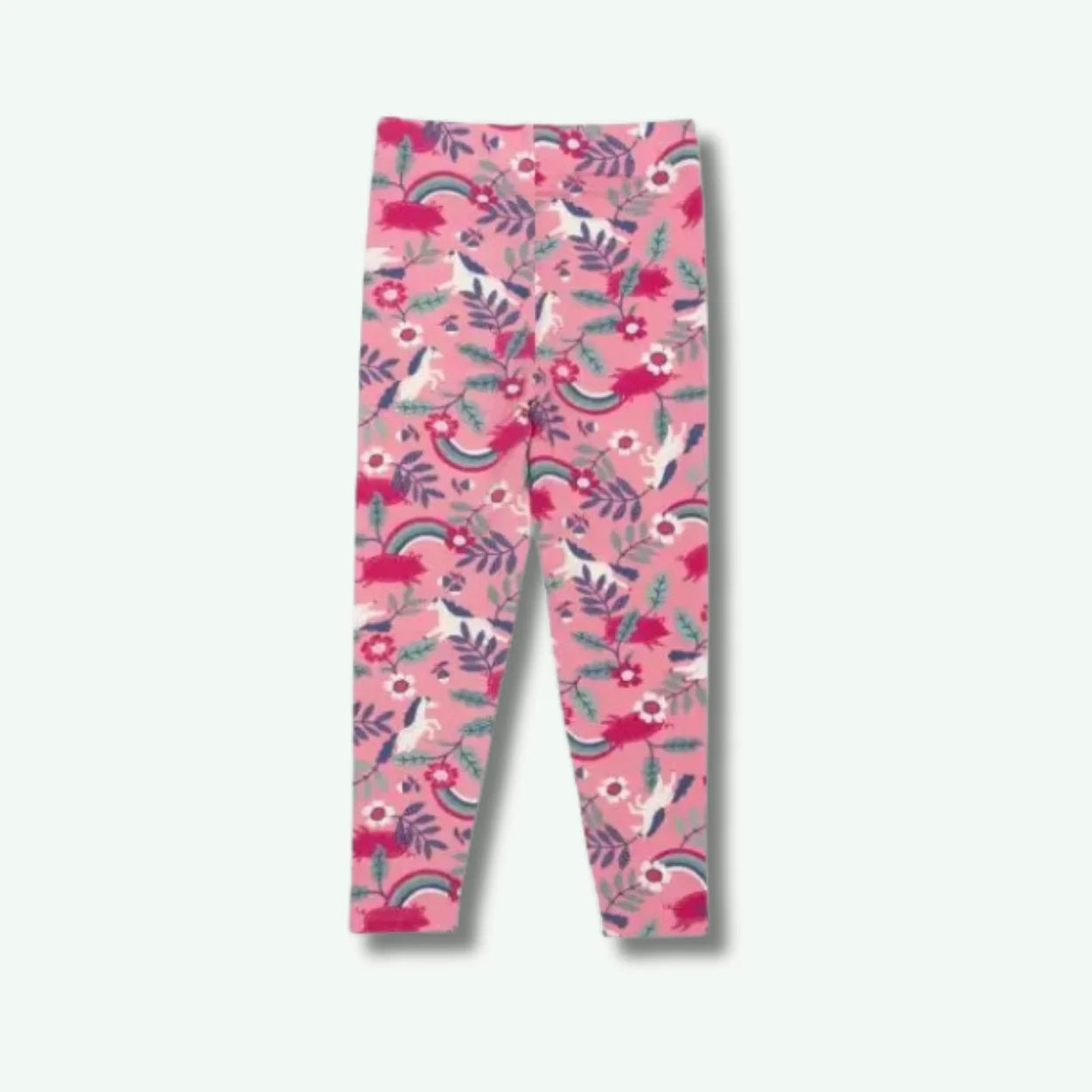 Pink leggings with floral and rainbow pattern on a white background