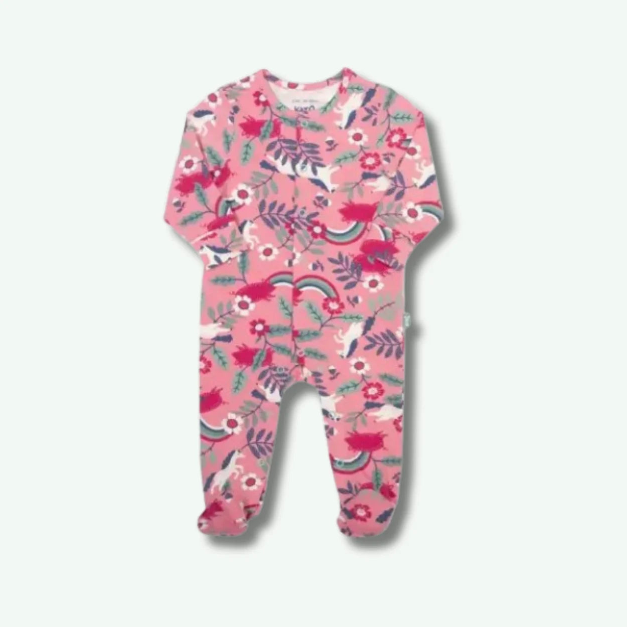 Pink baby onesie with floral and rainbow pattern on a white background