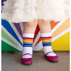 Rainbow striped tube socks for babies and toddlers in vibrant retro colours — Baby Goes Retro