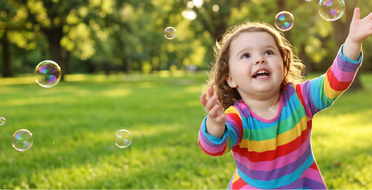 Toddler reaching for bubbles in a Frugi rainbow stripe organic cotton top