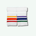 White shorts with colorful stripes on a white background