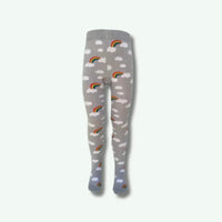 Gray tights with rainbow and cloud pattern on a white background
