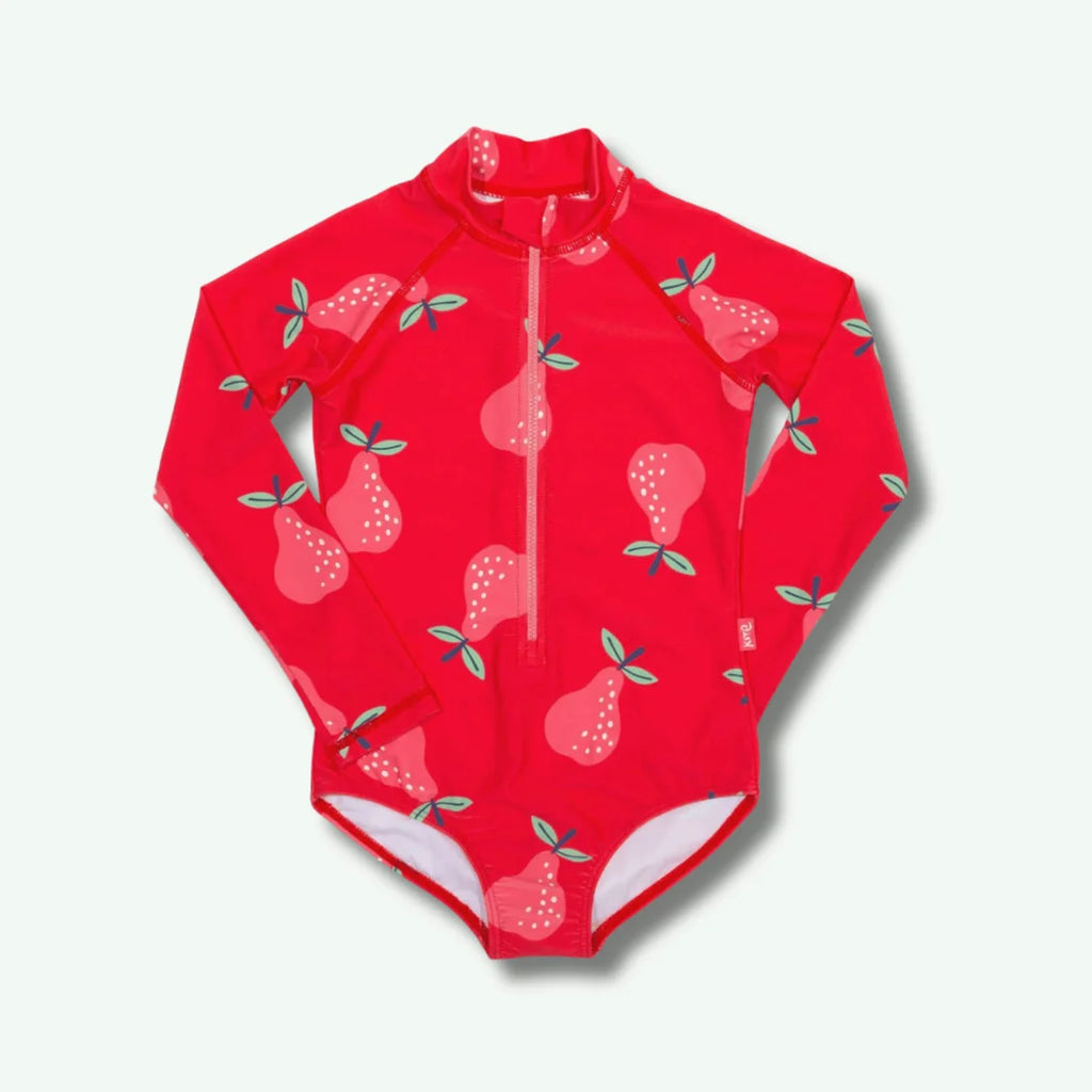 Red children's swimsuit with pear pattern on a white background