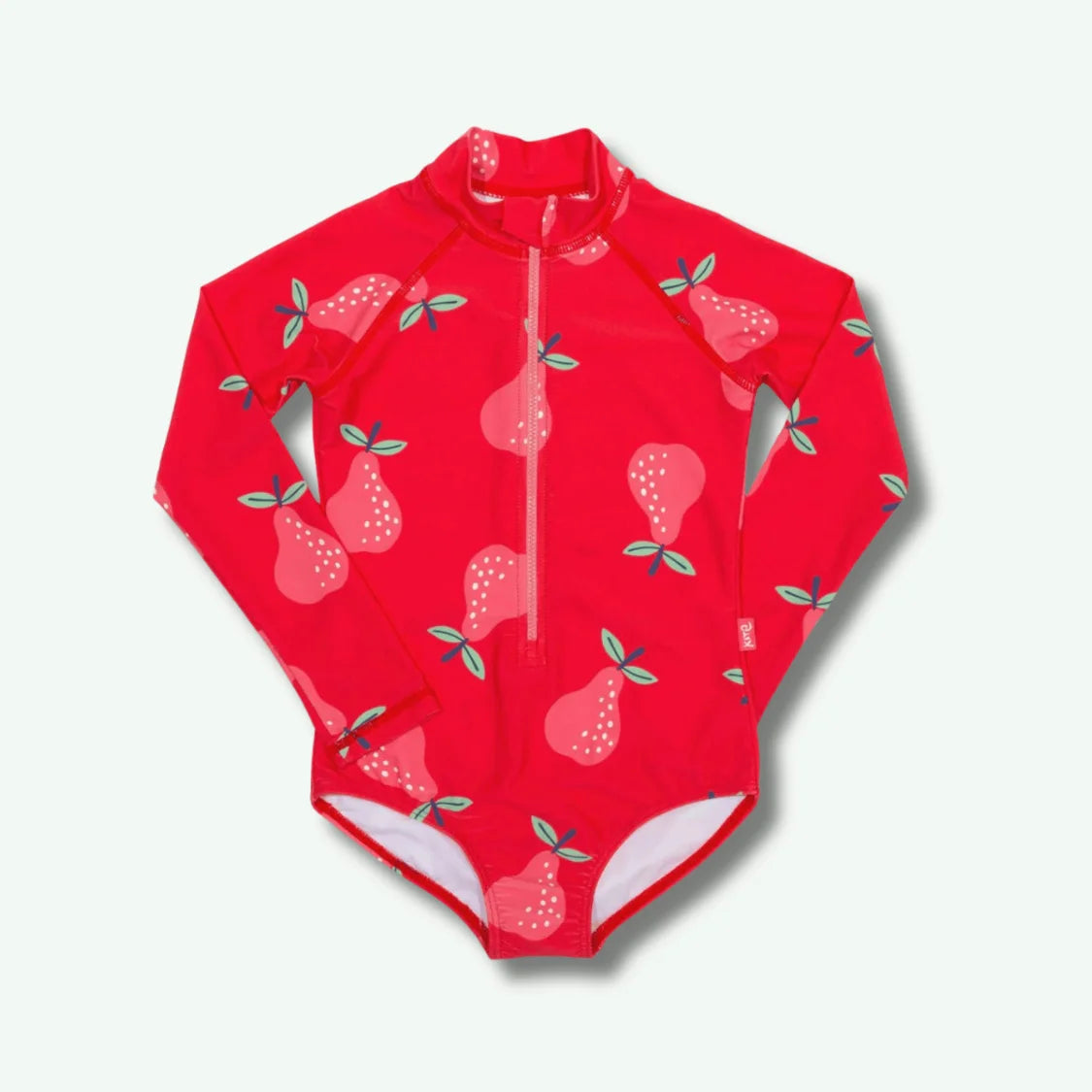 Red children's swimsuit with pear pattern on a white background