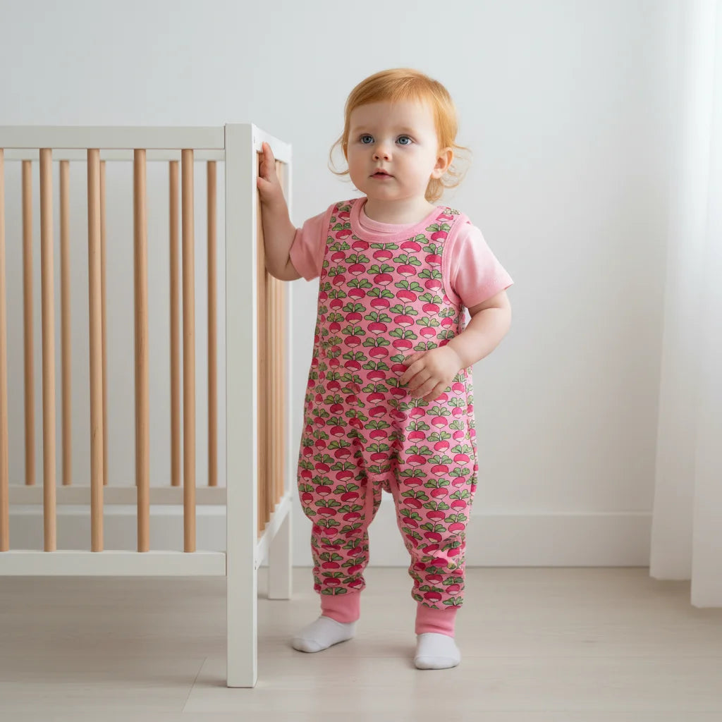 Child wearing a pink and green patterned onesie standing next to a crib.