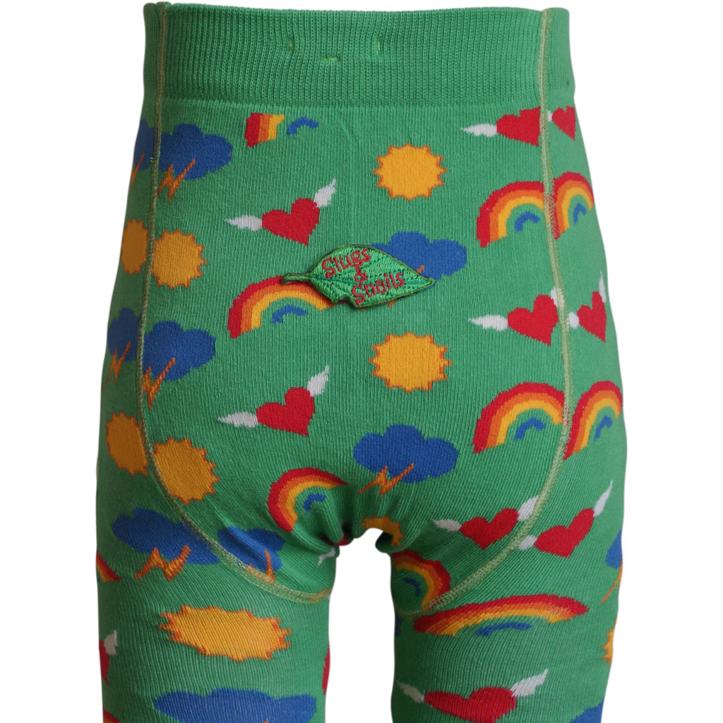 Green children's leggings with colorful patterns on a white background