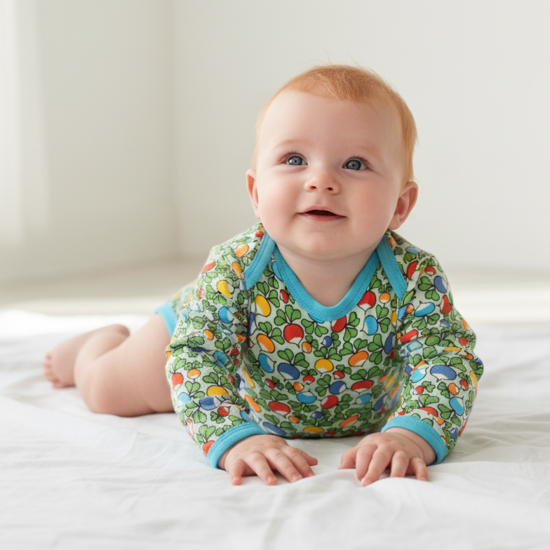 Baby wearing a colorful onesie sitting on a white surface