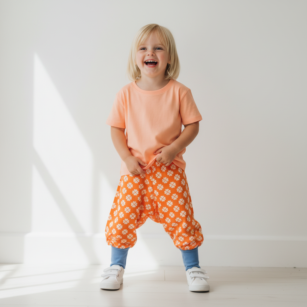 Child wearing an orange shirt and patterned pants standing against a white background