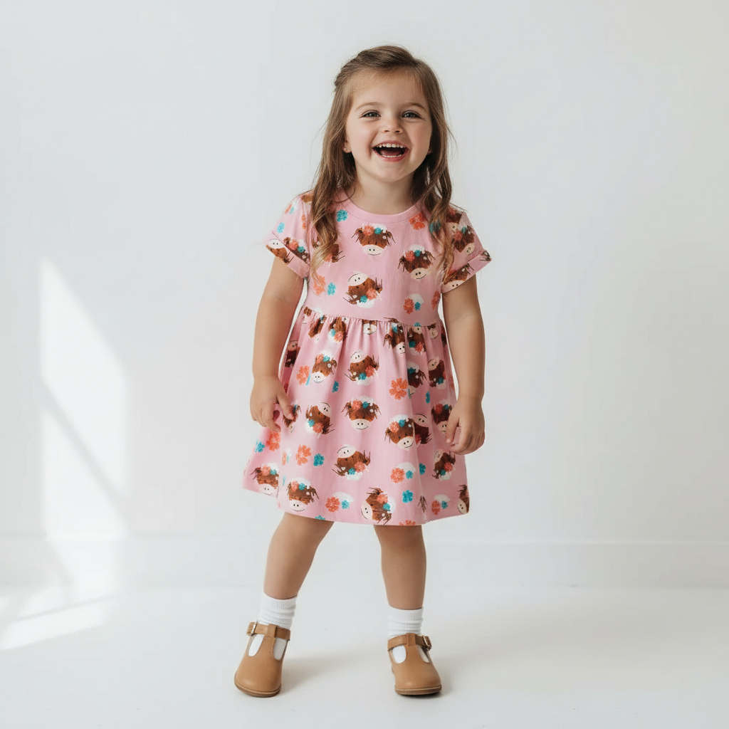 Young girl wearing a pink dress with dog pattern on a white background