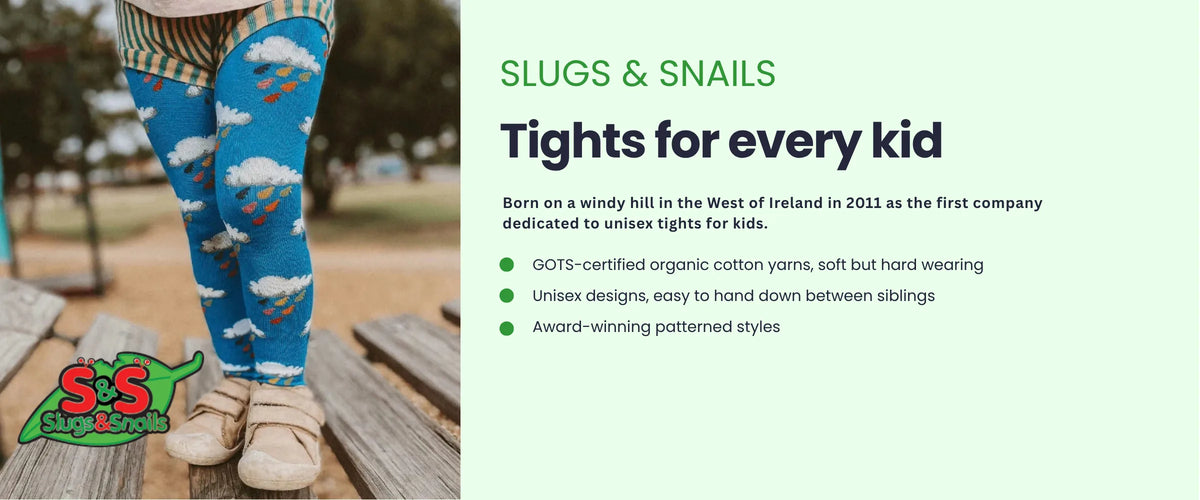 Child wearing Slugs & Snails blue cloud print tights. Slugs & Snails, tights for every kid. Founded in the West of Ireland in 2011 as the first company dedicated to unisex kids' tights. GOTS-certified organic cotton yarns, unisex designs, award-winning patterned styles.