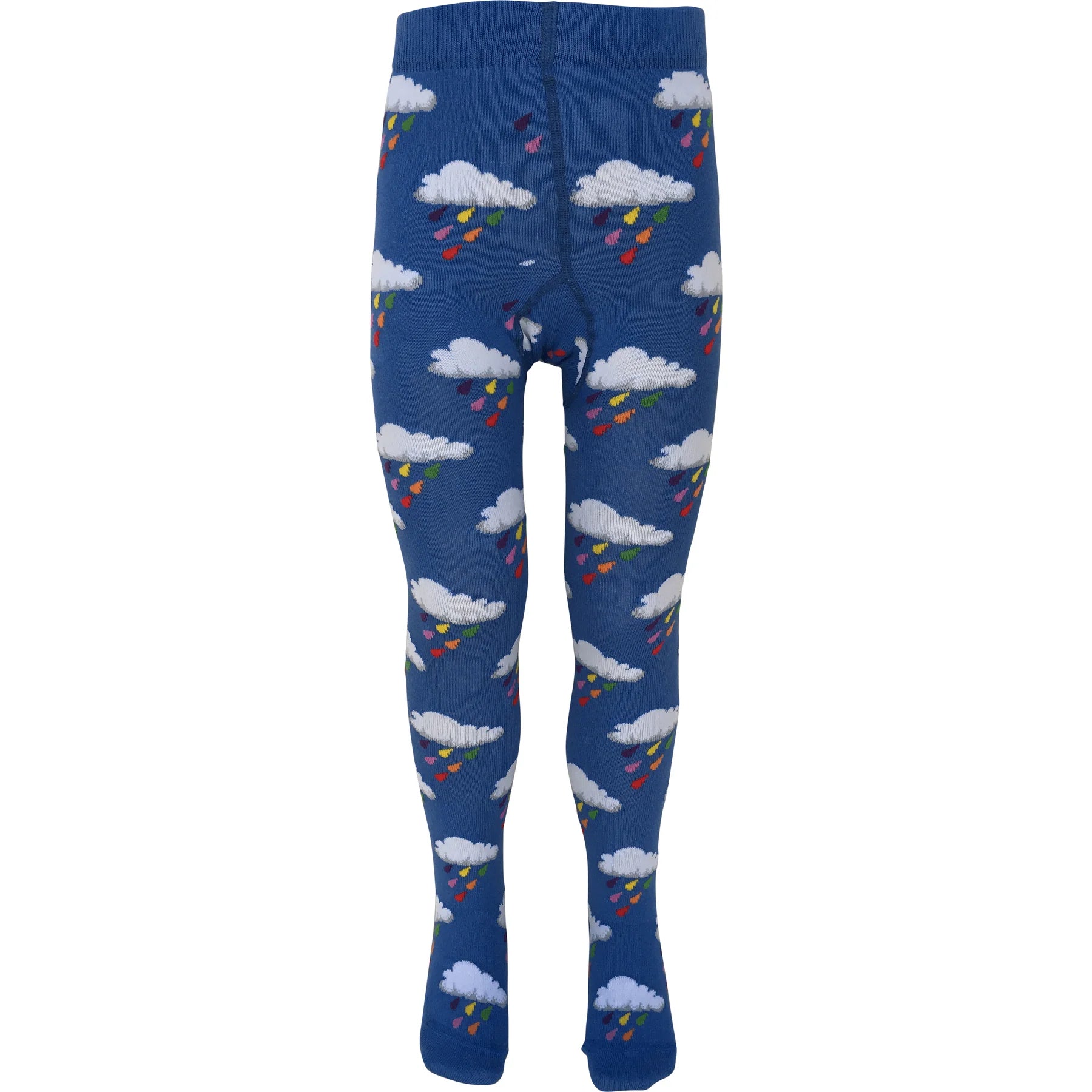 Blue tights with cloud and rainbow pattern on a white background