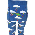 Blue leggings with cloud and rainbow design on a white background