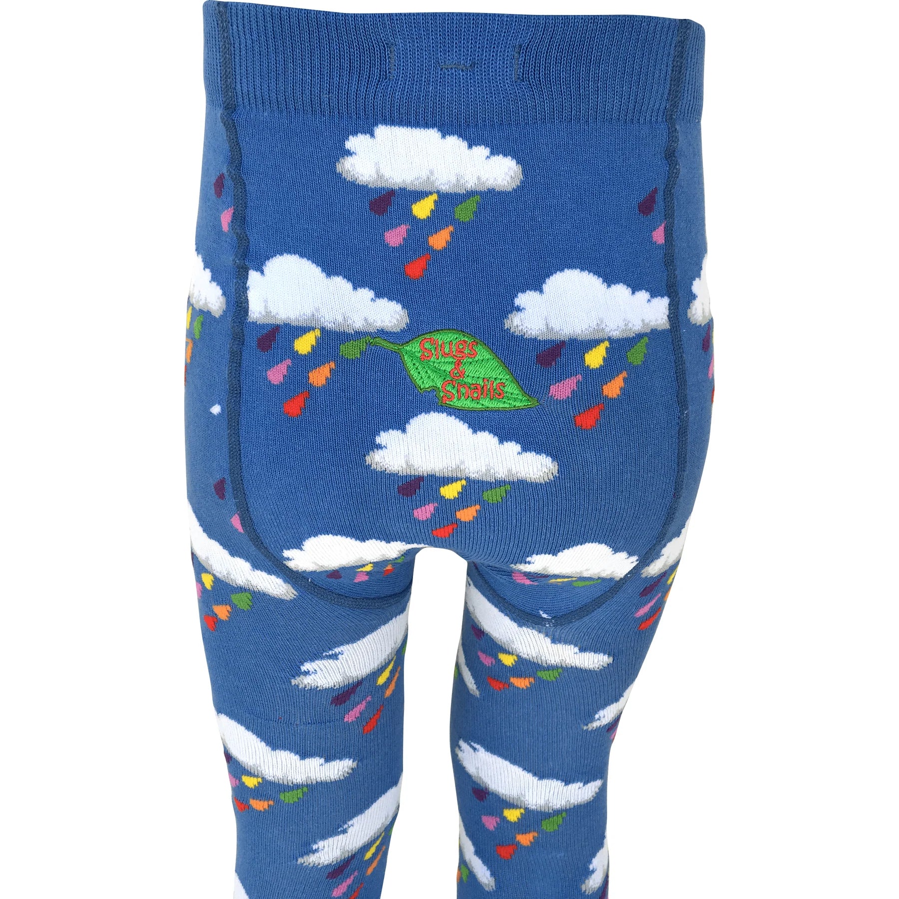 Blue leggings with cloud and rainbow design on a white background