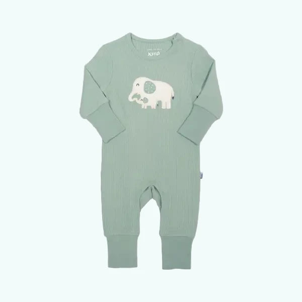 Spruce Green Organic Cotton Romper Adorable Elephant Waffle Fabric - Rompers