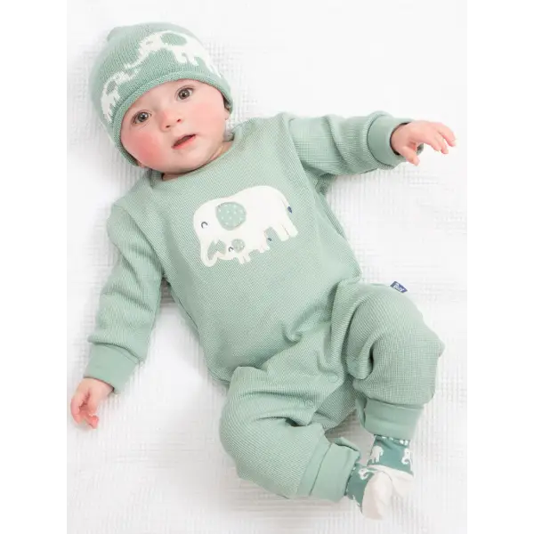 Spruce Green Organic Cotton Romper Adorable Elephant Waffle Fabric - Rompers