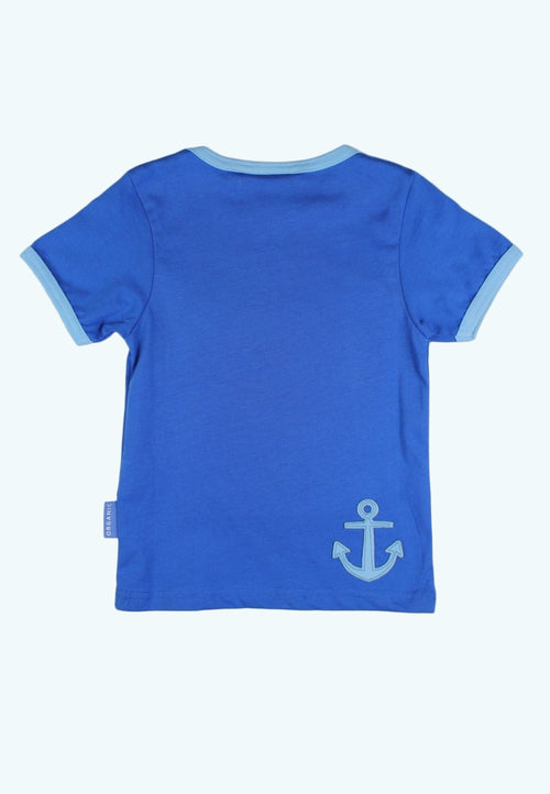 Blue t-shirt with an anchor design on a white background