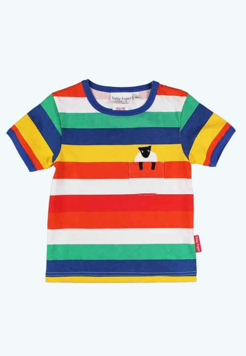 Colorful striped t-shirt with a cat design on a white background