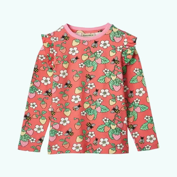 Strawberry Organic Cotton Top Buzzing Bees Blooming Flowers - Long Sleeve Top