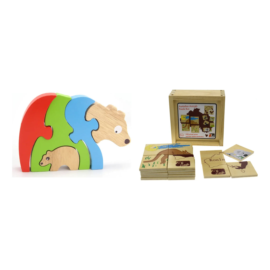 Toddler Puzzle and Toy Bundle, wooden stacking bear with Australian animals puzzle box