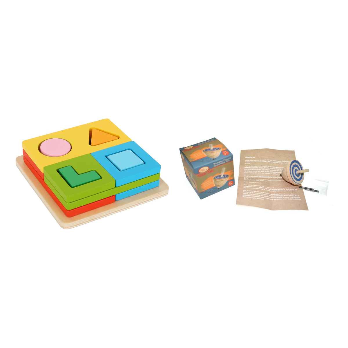Toddler Puzzle and Toy Bundle, wooden stacking shape sorter with drawing spinning top