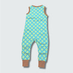 Unisex newborn clover print jumpsuit dungaree in capri blue with buckthorn brown trim, DUNS Sweden – unisex newborn clothes, newborn jumpsuit