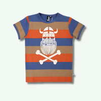 Striped t-shirt with a graphic design on a white background