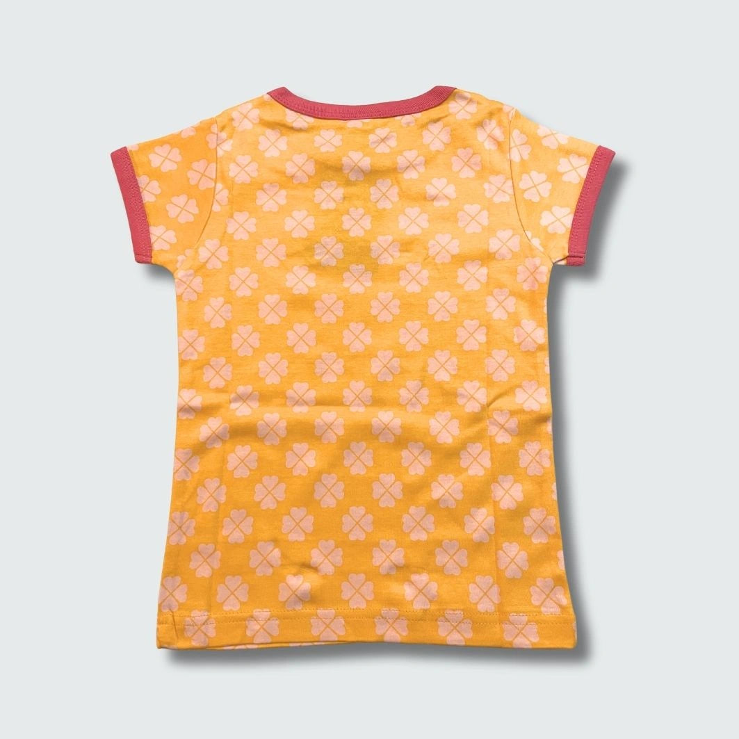 Yellow clover print organic infant shirt in radiant yellow with hot pink trim, DUNS Sweden – organic infant clothes, infant shirts