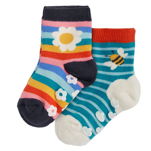 Frugi Organic Grippy Socks - 2 Pack - Rainbow Daisy - Baby goes Retro